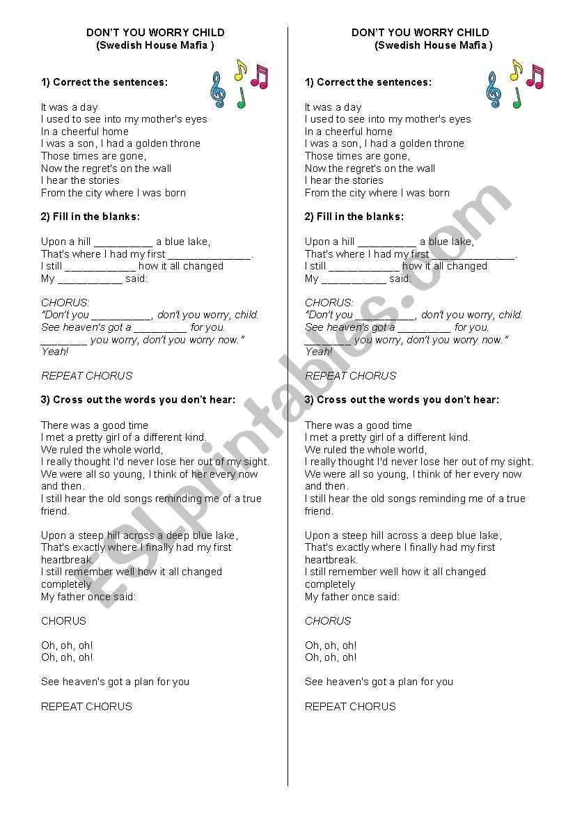 Dont you worry child worksheet