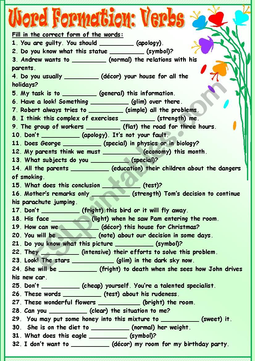 Word Formation:Verbs worksheet