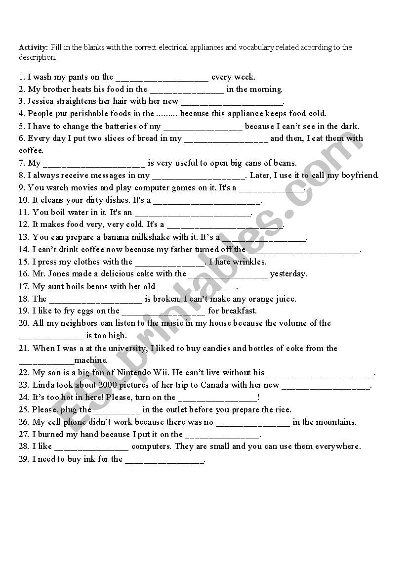 Electrical Equipment worksheet