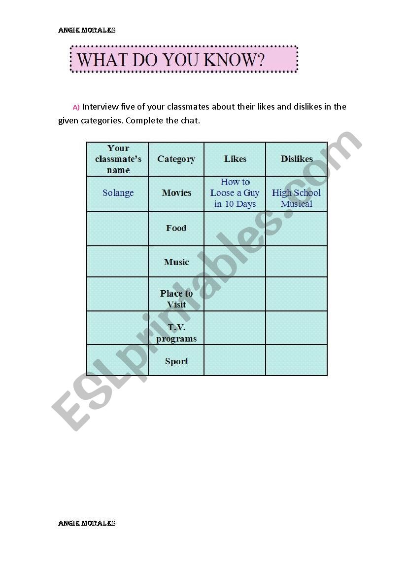 like and dislike worksheet