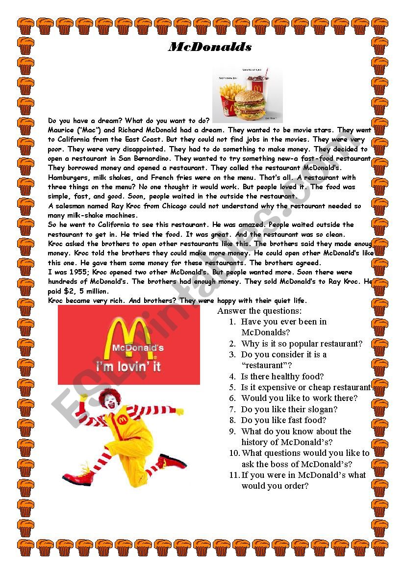 History of Mc Donalds worksheet