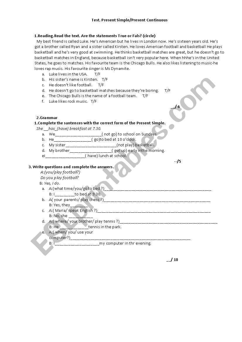 Test. Present Simple/Present Continuous