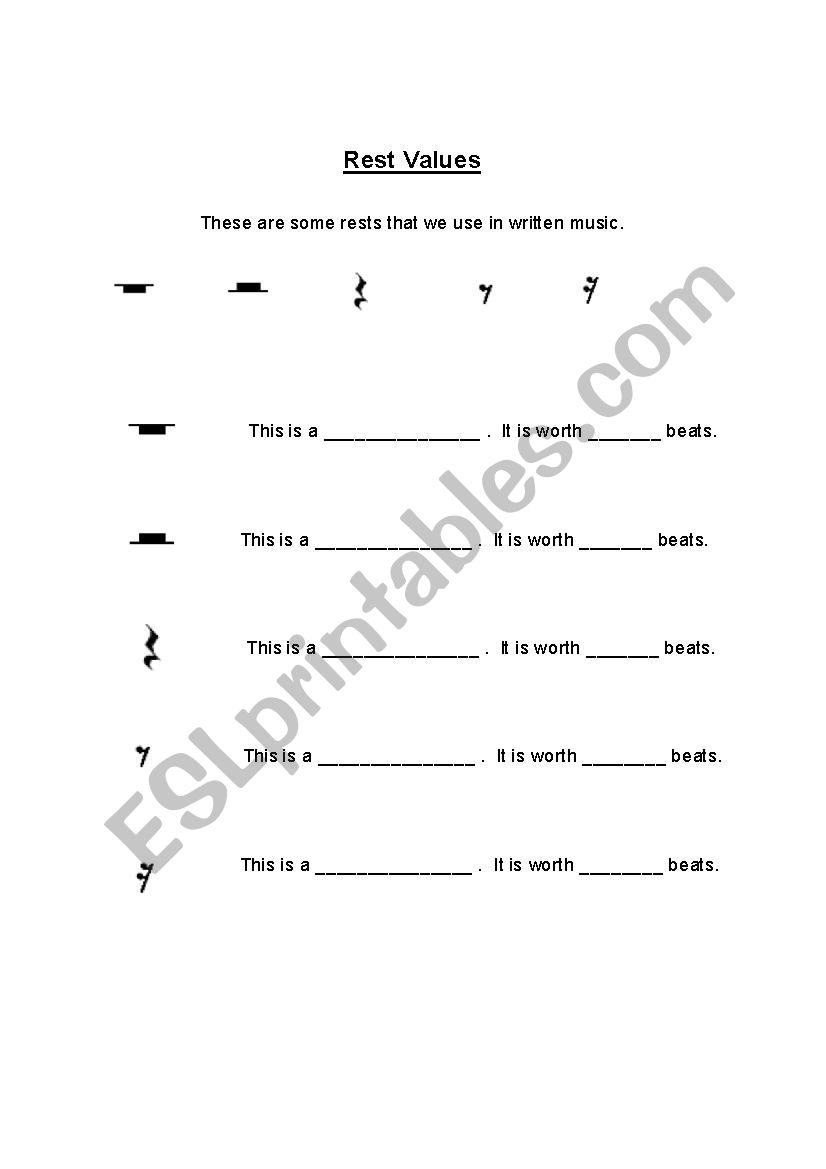 Rest Values (Music) worksheet