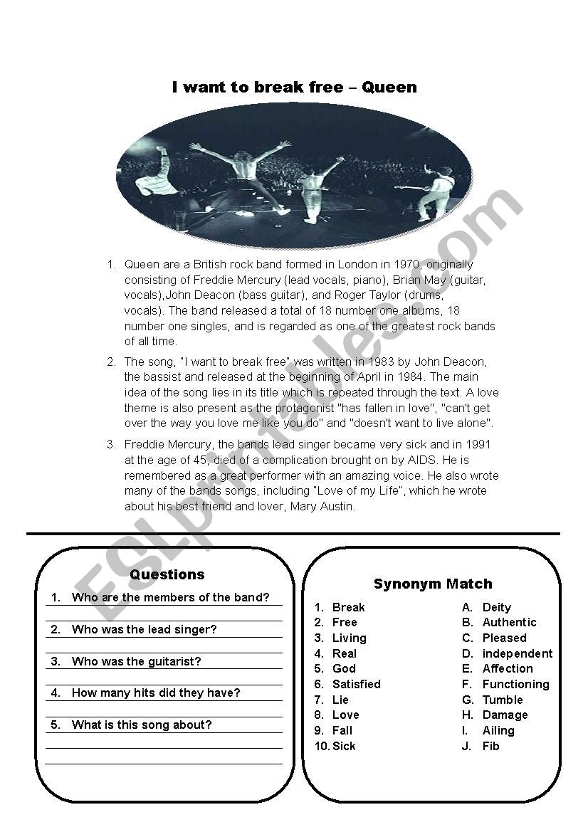 Music I Want To Break Free Esl Worksheet By Cbenglish