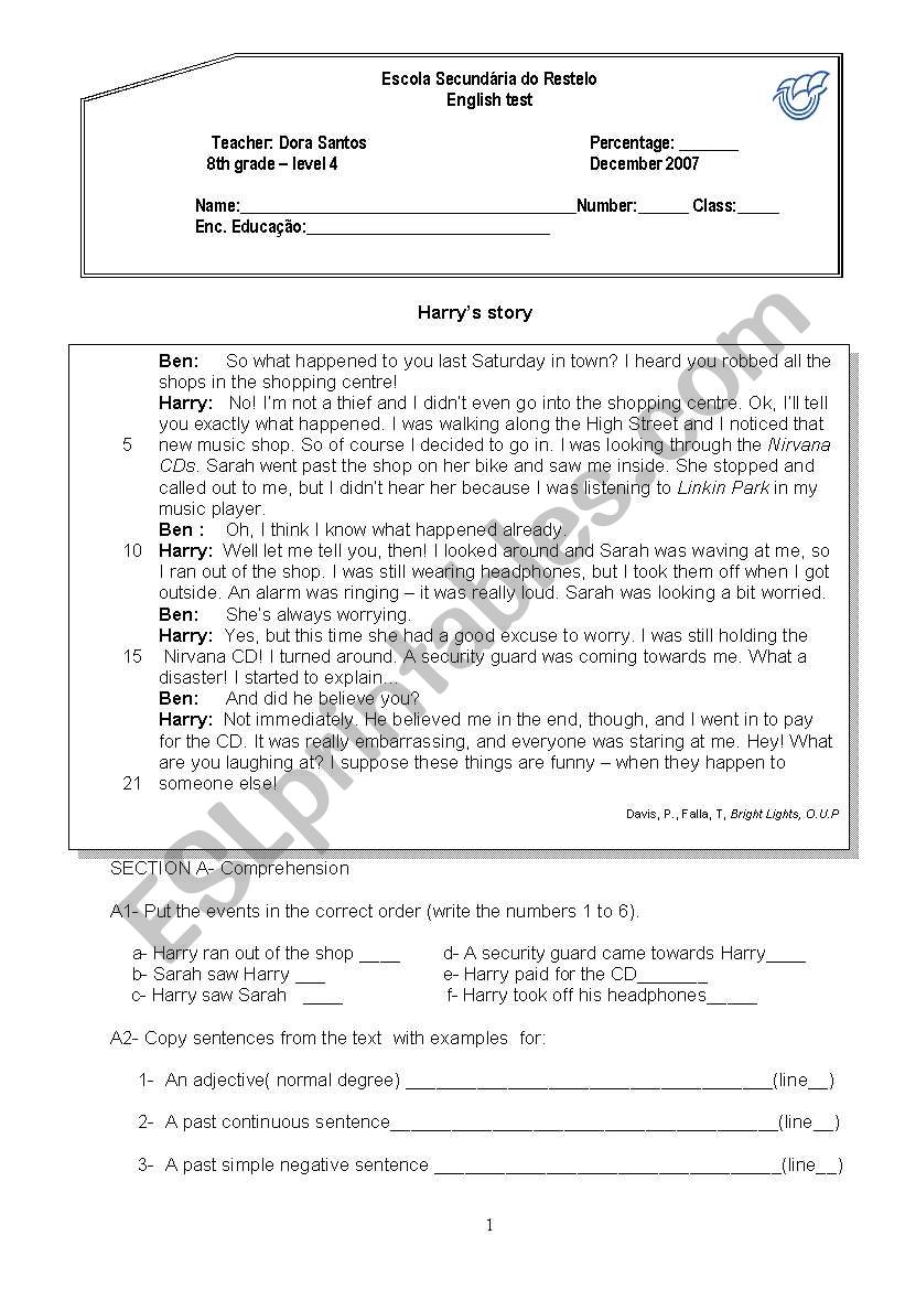 Harry´s story worksheet