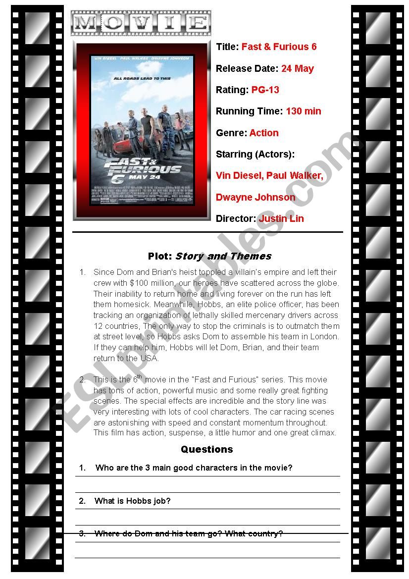 Movie Fast and Furious 6 worksheet