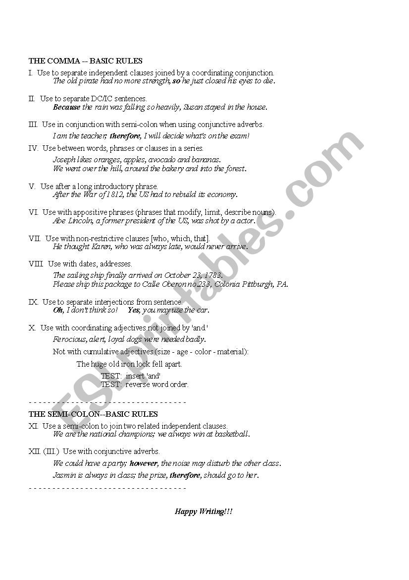 Comma and Semi-Colon Rules worksheet