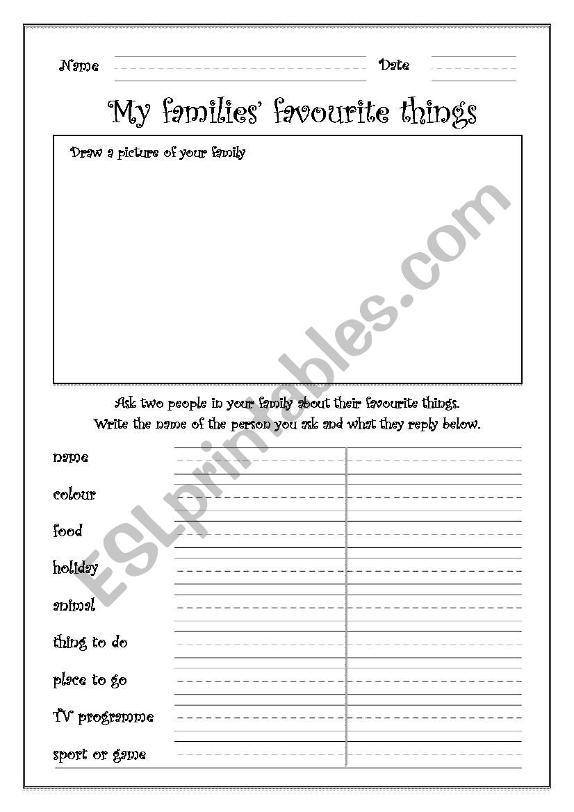 My Families favourite things worksheet