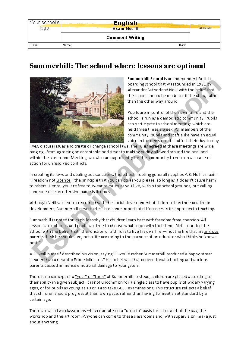 Exam: Comment Writing on Summerhill School