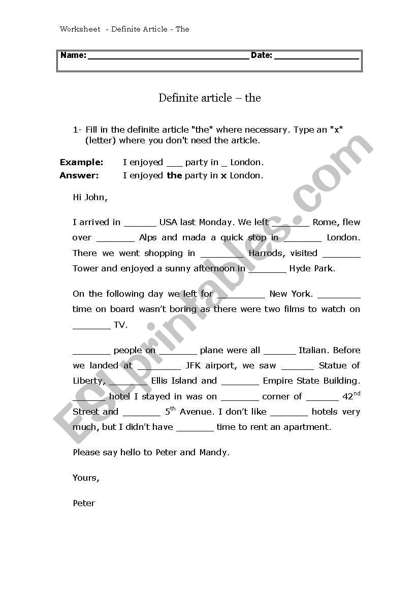 Definite Article worksheet