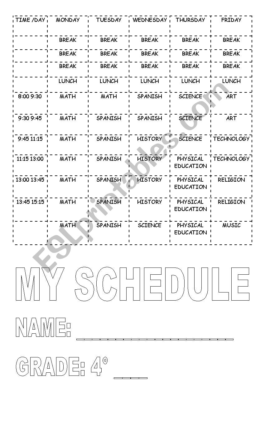 Timetable worksheet
