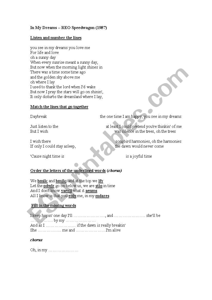 In My Dreams -Song worksheet