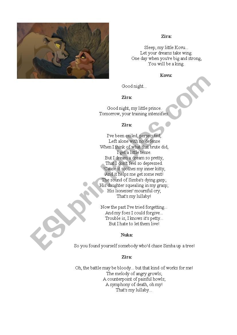 Lullaby from Zira, Lion King worksheet