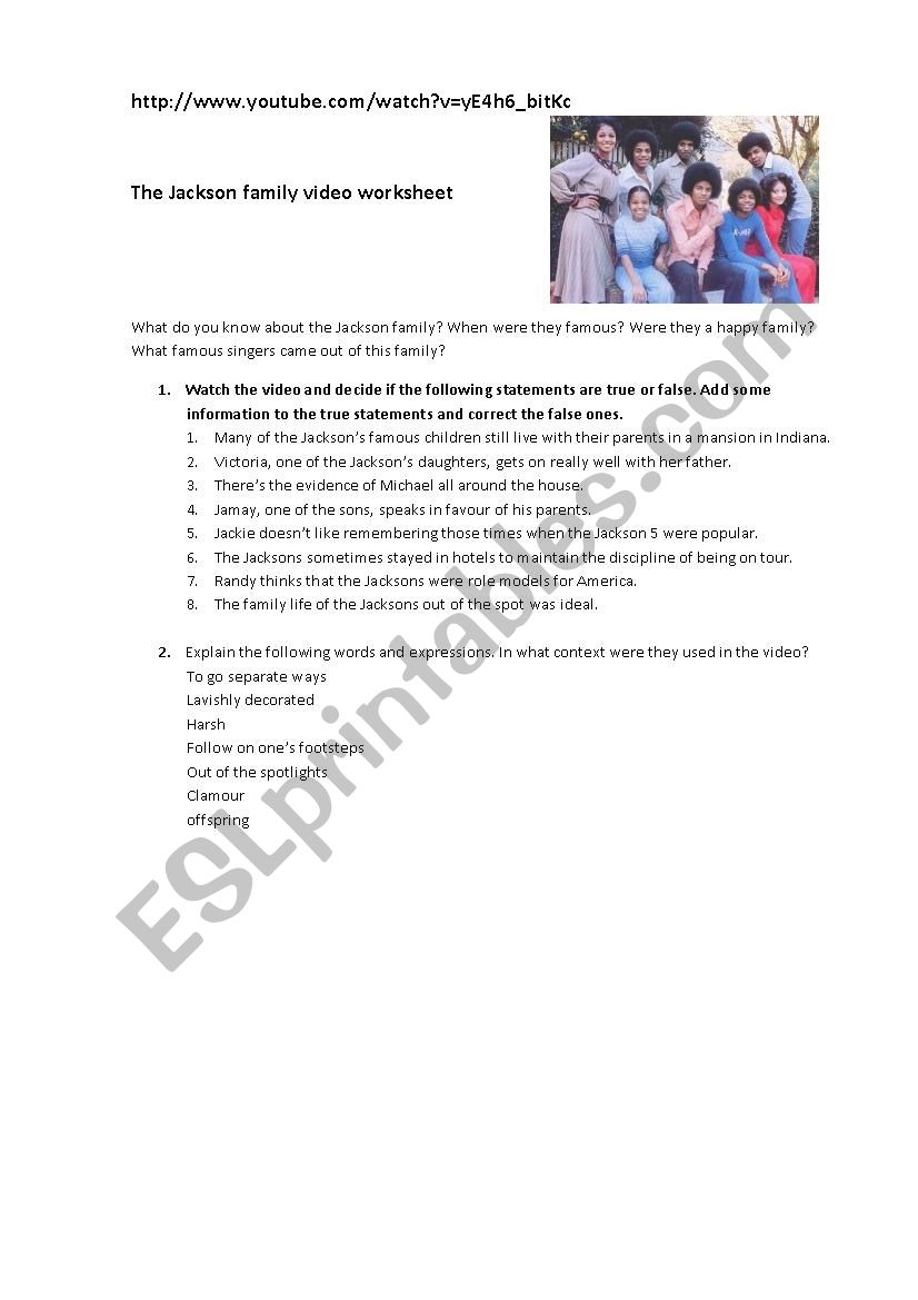 worksheet for the youtube video one-day interview with the Jackson family