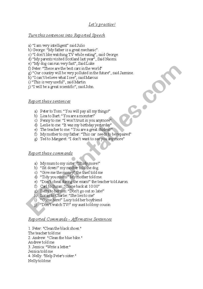 Assignment: Reported Speech worksheet