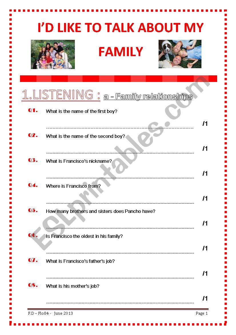 I´D LIKE TO TALK ABOUT MY FAMILY - 4 SKILLS - CEFR SELF- ASSESSMENT GRID PROVIDED -KEY INCLUDED