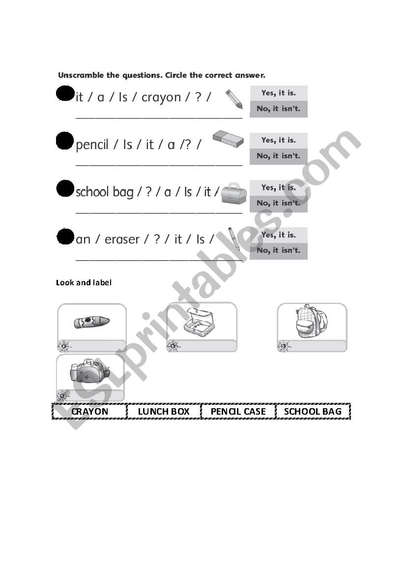 School Objects worksheet