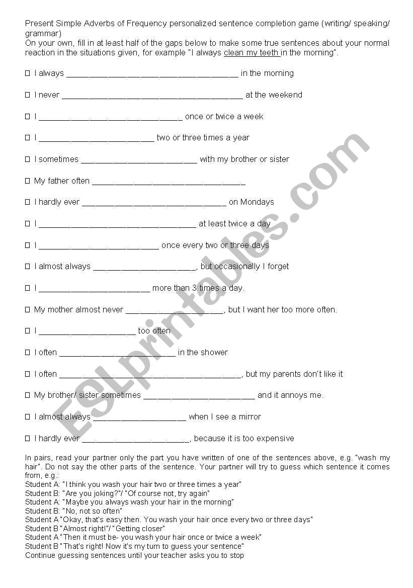 Simple Present and frequency worksheet