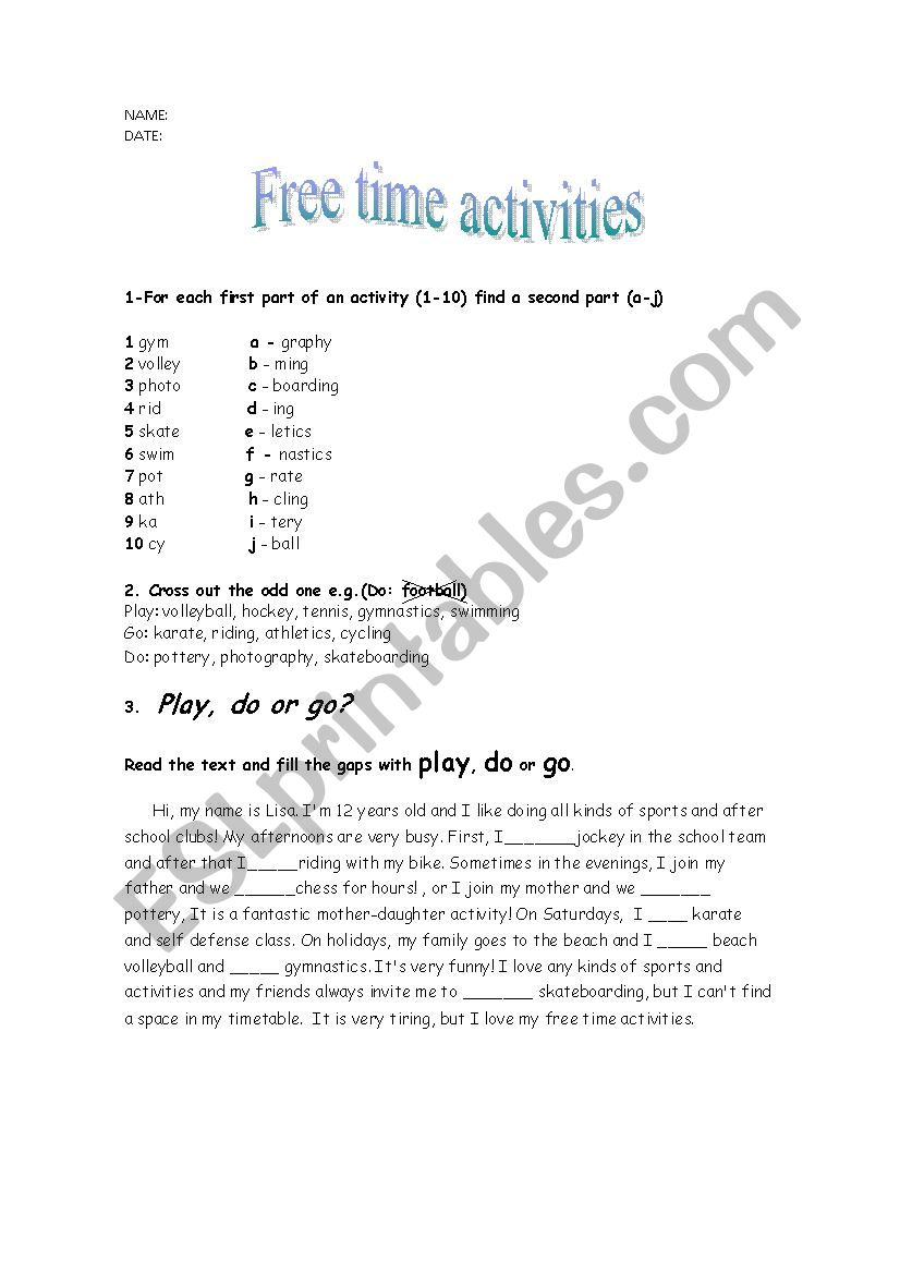 free time activities worksheet