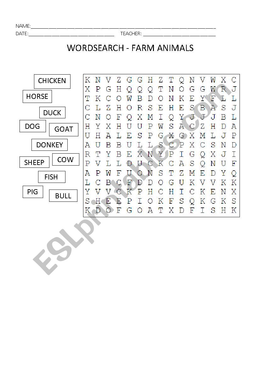 Wordsearch - Farm Animals worksheet