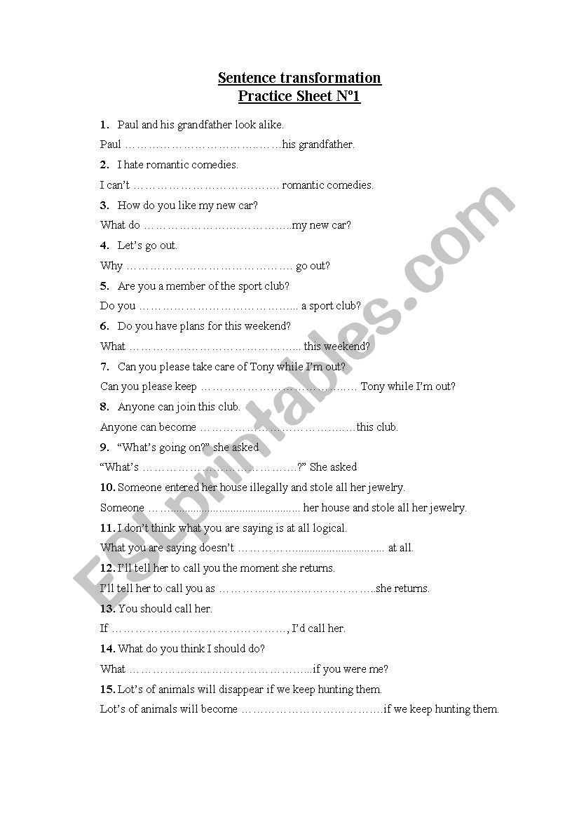 Sentence Transformation 1 worksheet