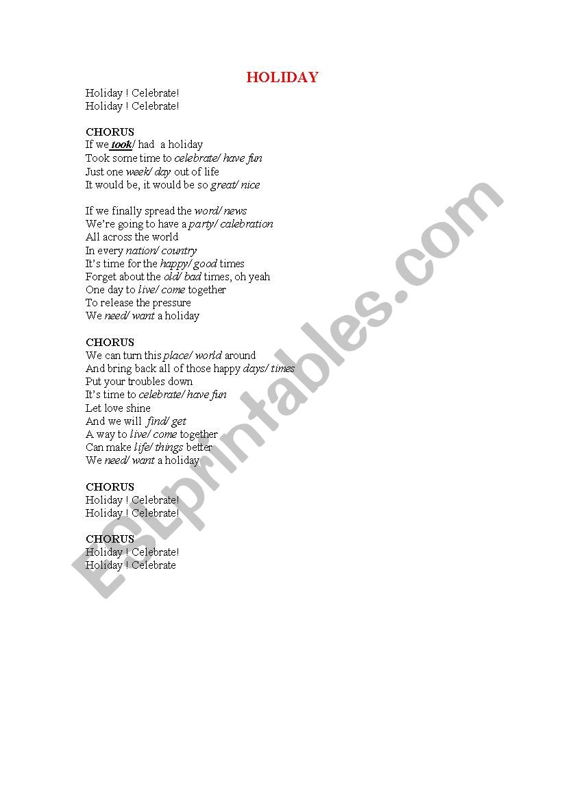 holiday song worksheet