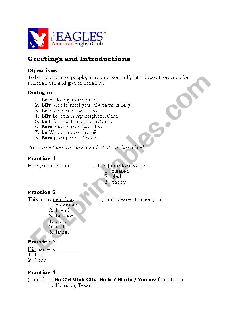 Greetings and Introductions worksheet