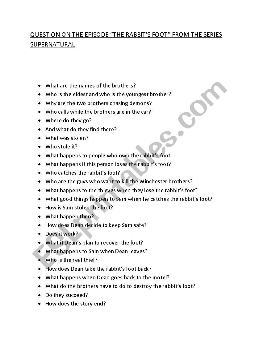 questions on a funny episode of the series Supernatural - ESL worksheet by karisaditu questions on a funny episode of the series Supernatural - ESL worksheet by karisaditu