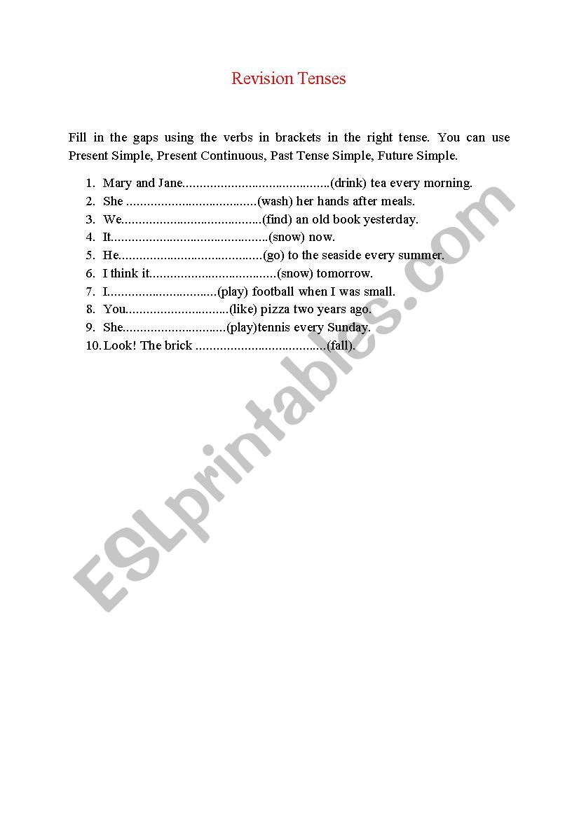 Revision Tenses worksheet