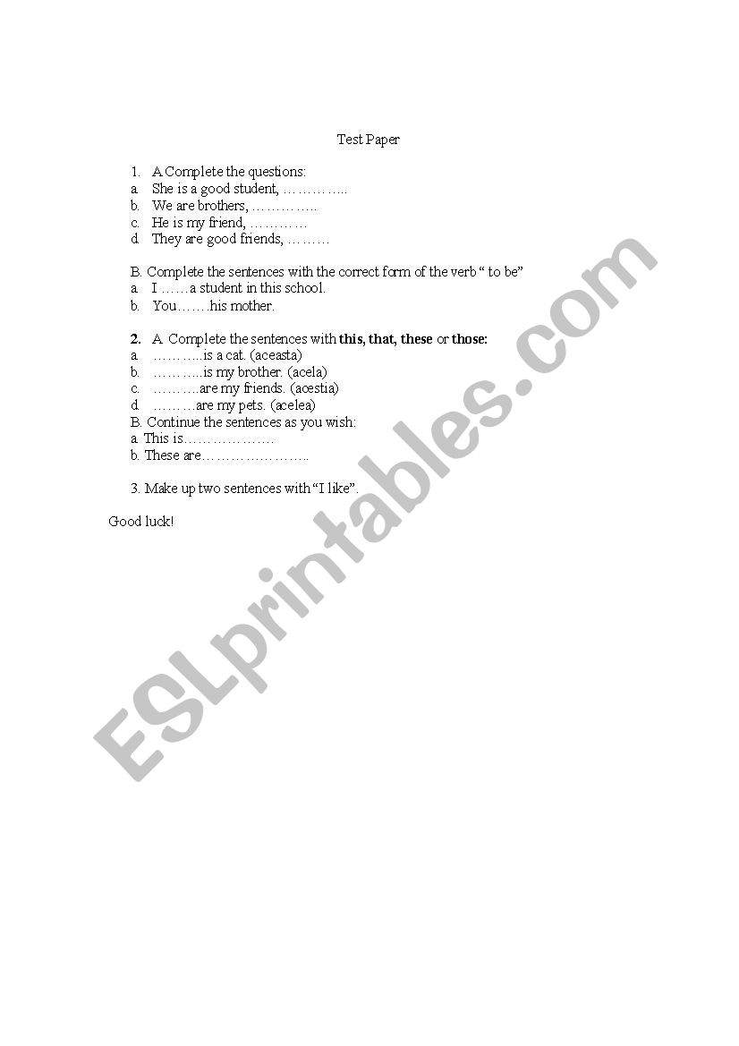 Test Paper worksheet
