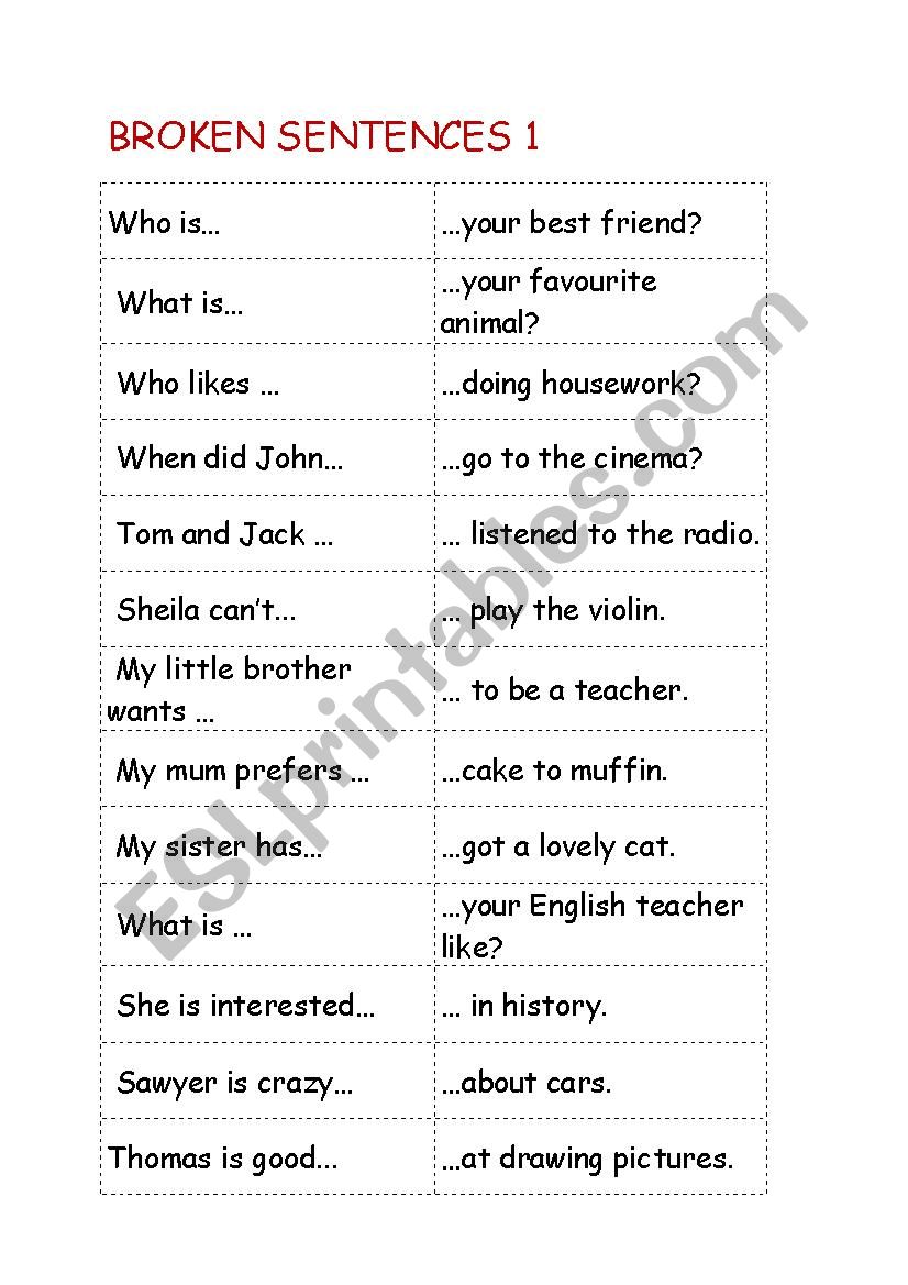 Broken Sentences worksheet
