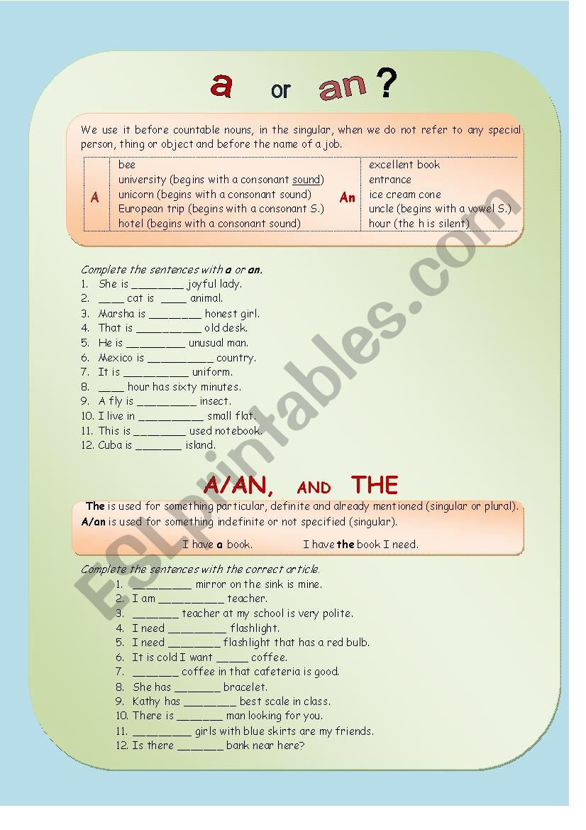 Use of A, AN, and THE worksheet