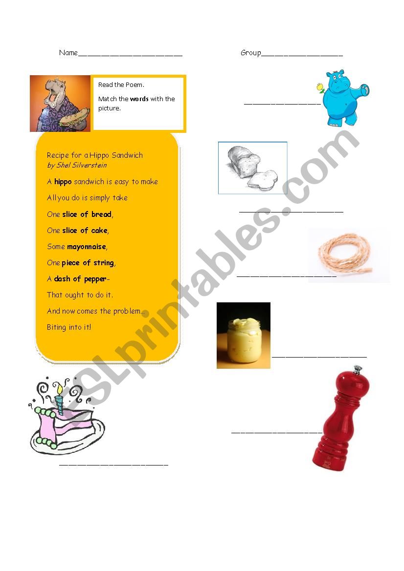 A HIPPO SANDWICH Part 1 worksheet