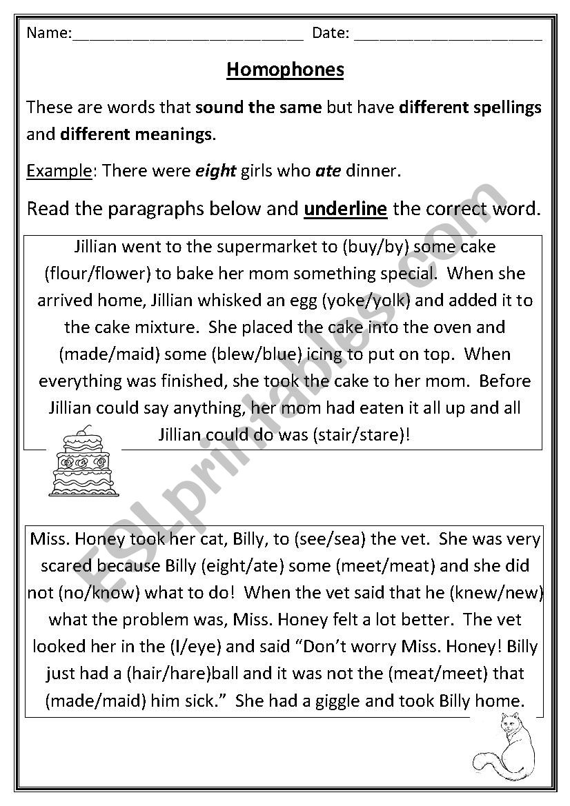 Homophones worksheet