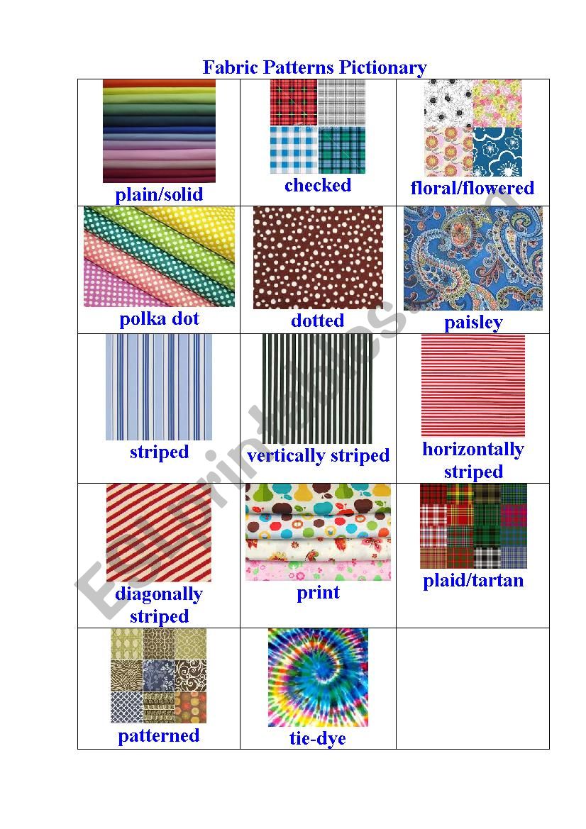 FABRICS PATTERNS PICTIONARY worksheet