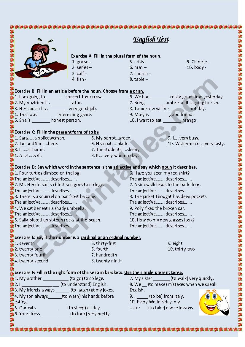 English Grammar test worksheet