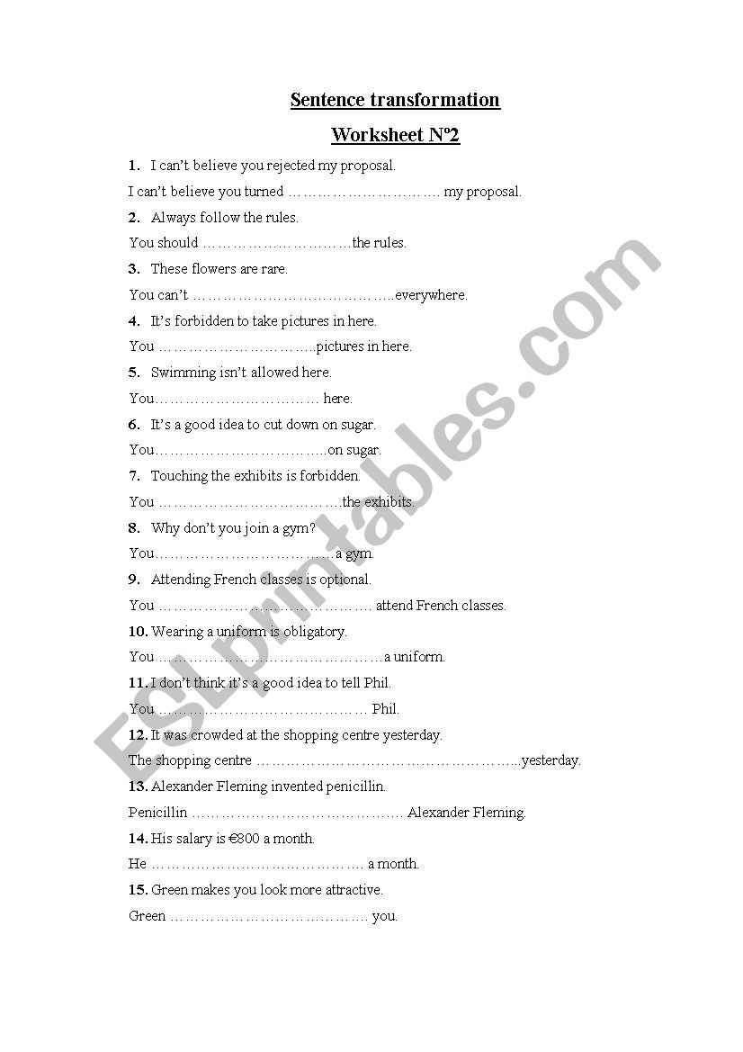 Sentence Transformation 2 worksheet
