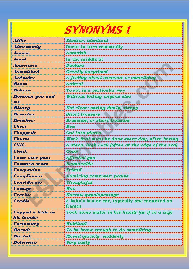 SYNONYMS  1  /   5 worksheet