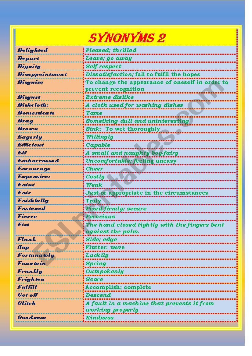 SYNONYMS LIST (  2  /   5 ) worksheet