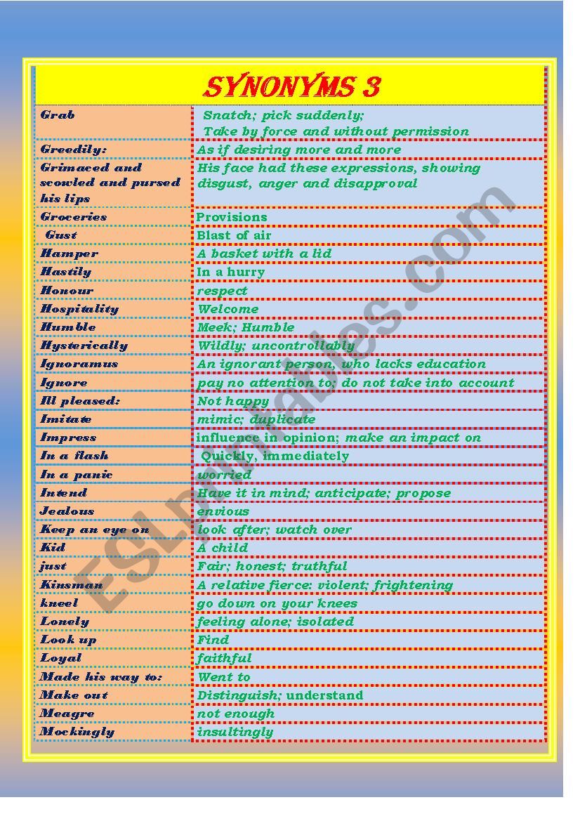 SYNONYMS LIST ( 3 /   5 ) worksheet