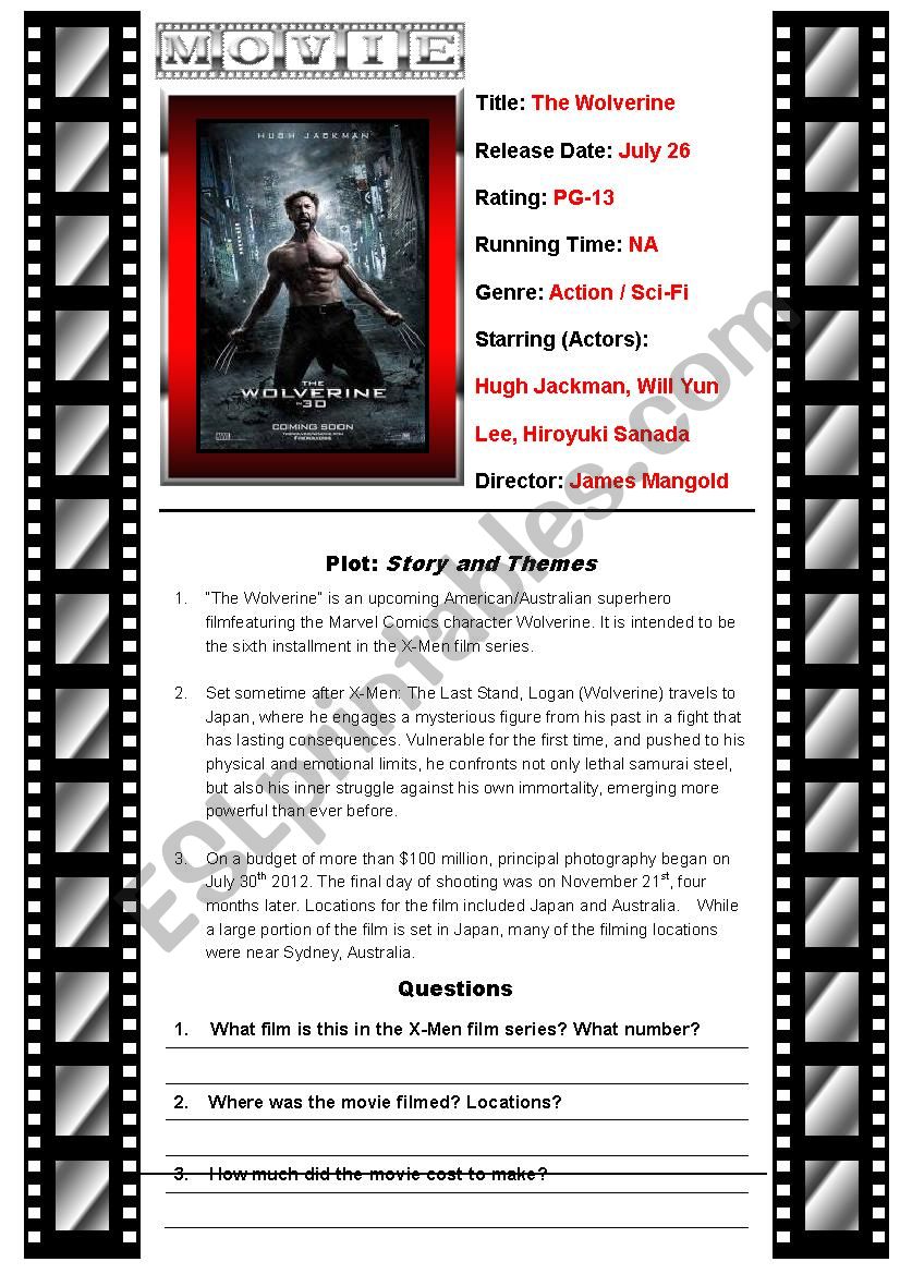 Movie - The Wolverine worksheet