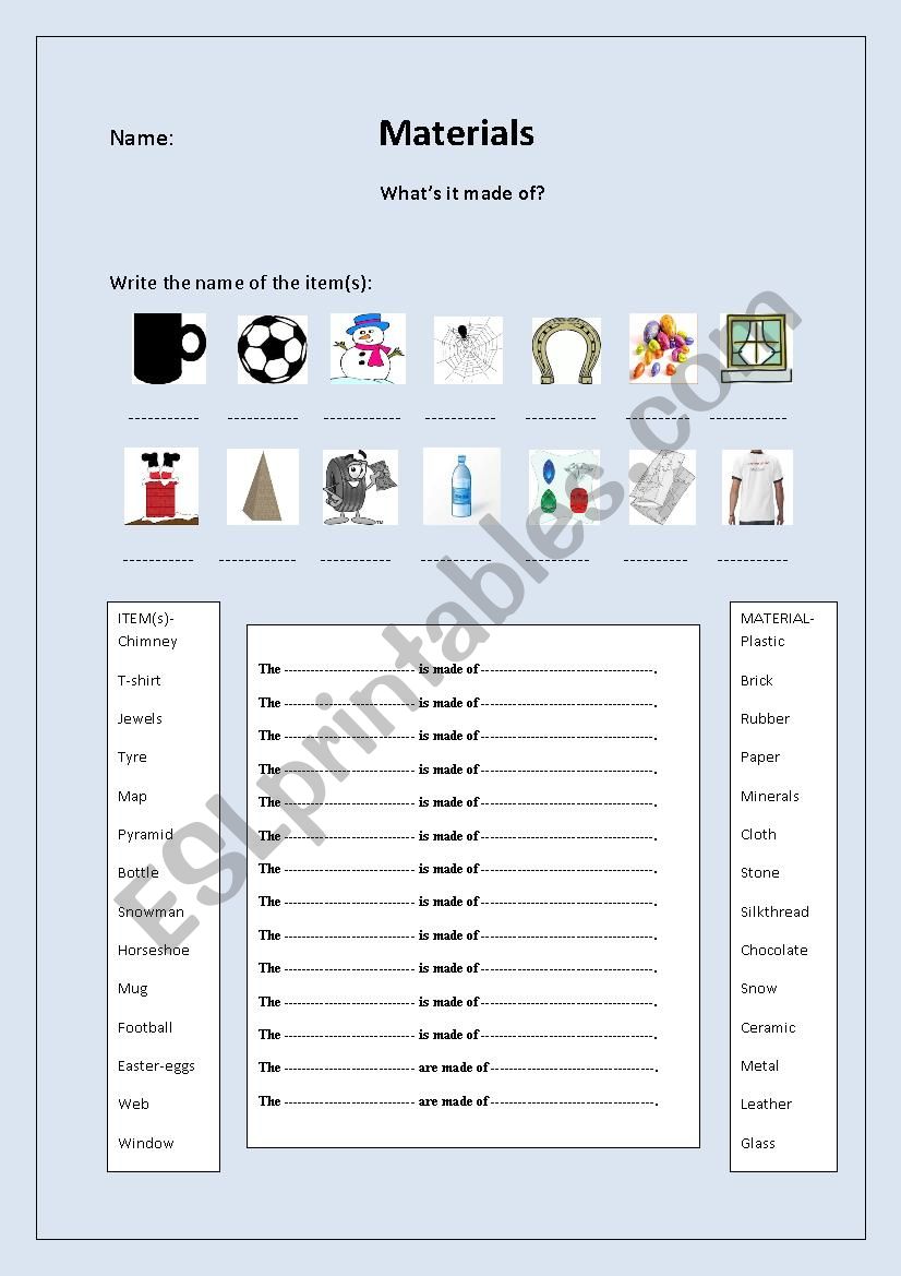 Materials: Whats it made of? worksheet
