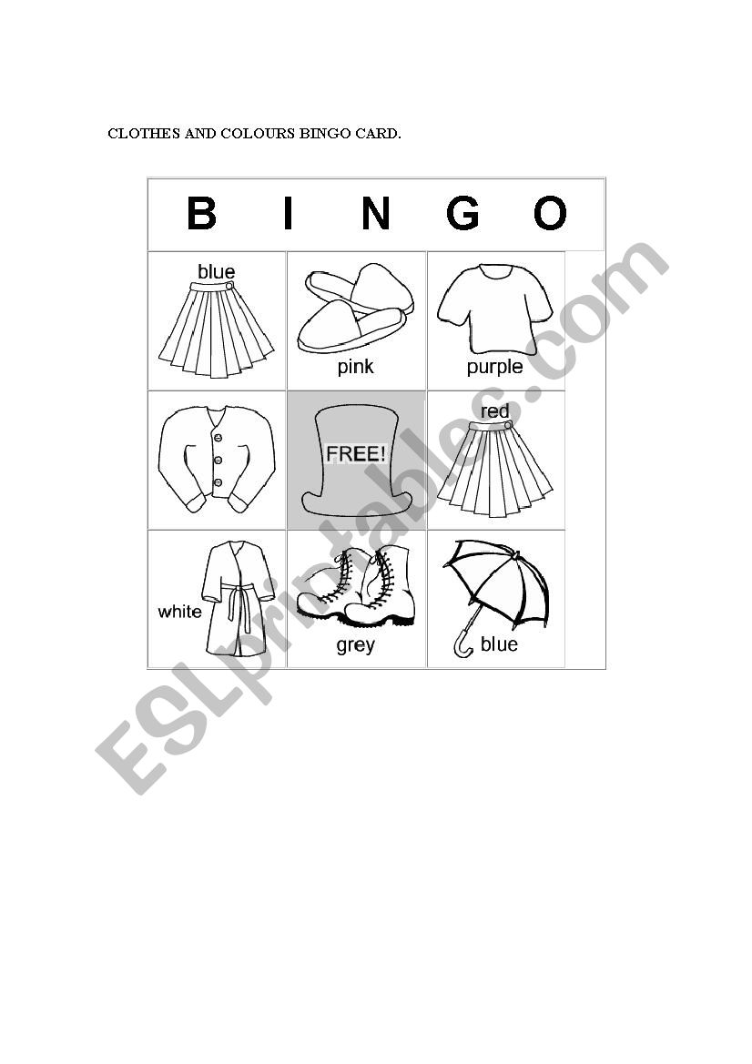 clothes and colours bingo card