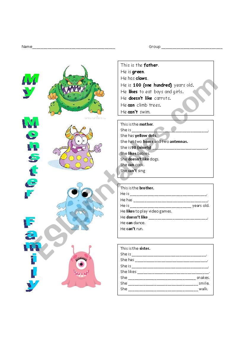 Create your Monster Family worksheet