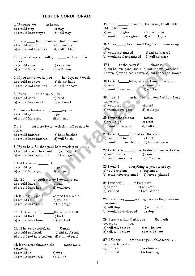 Test on conditionals worksheet