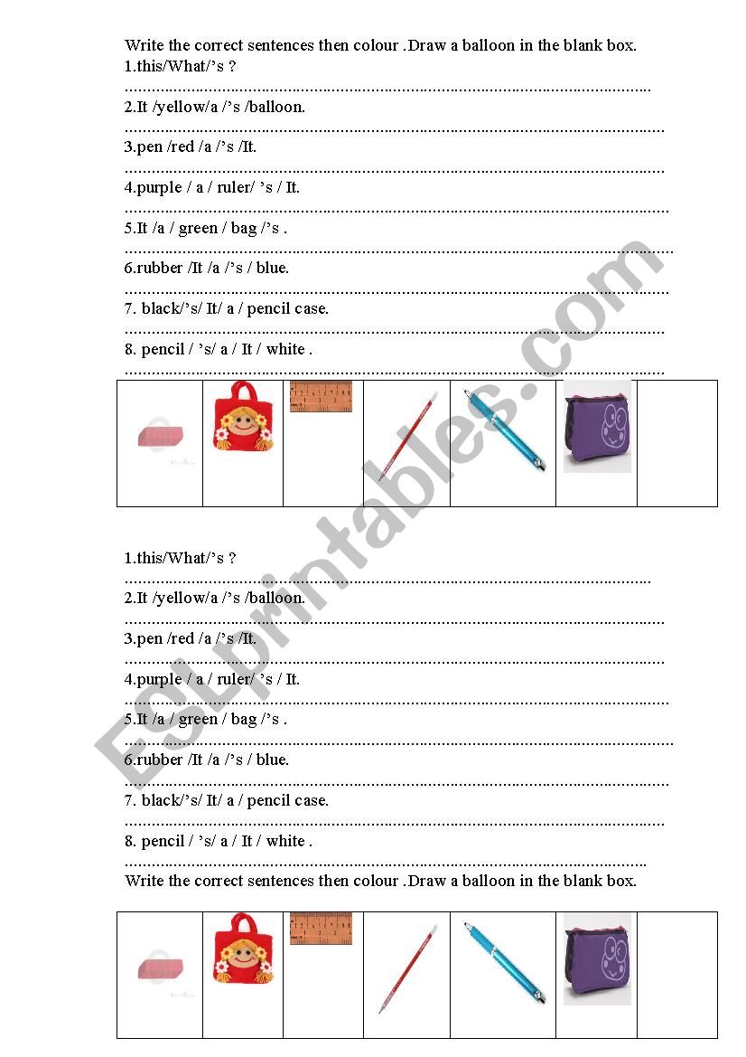 colour and classroom items worksheet