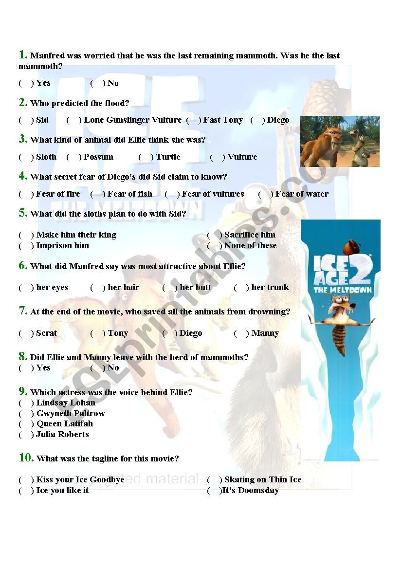 Worksheet on the Movie Ice Age 2 The Meltdown ( WITH ANSWERS) ESL