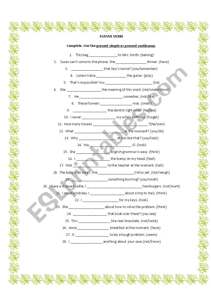 STATIVE VERBS  worksheet