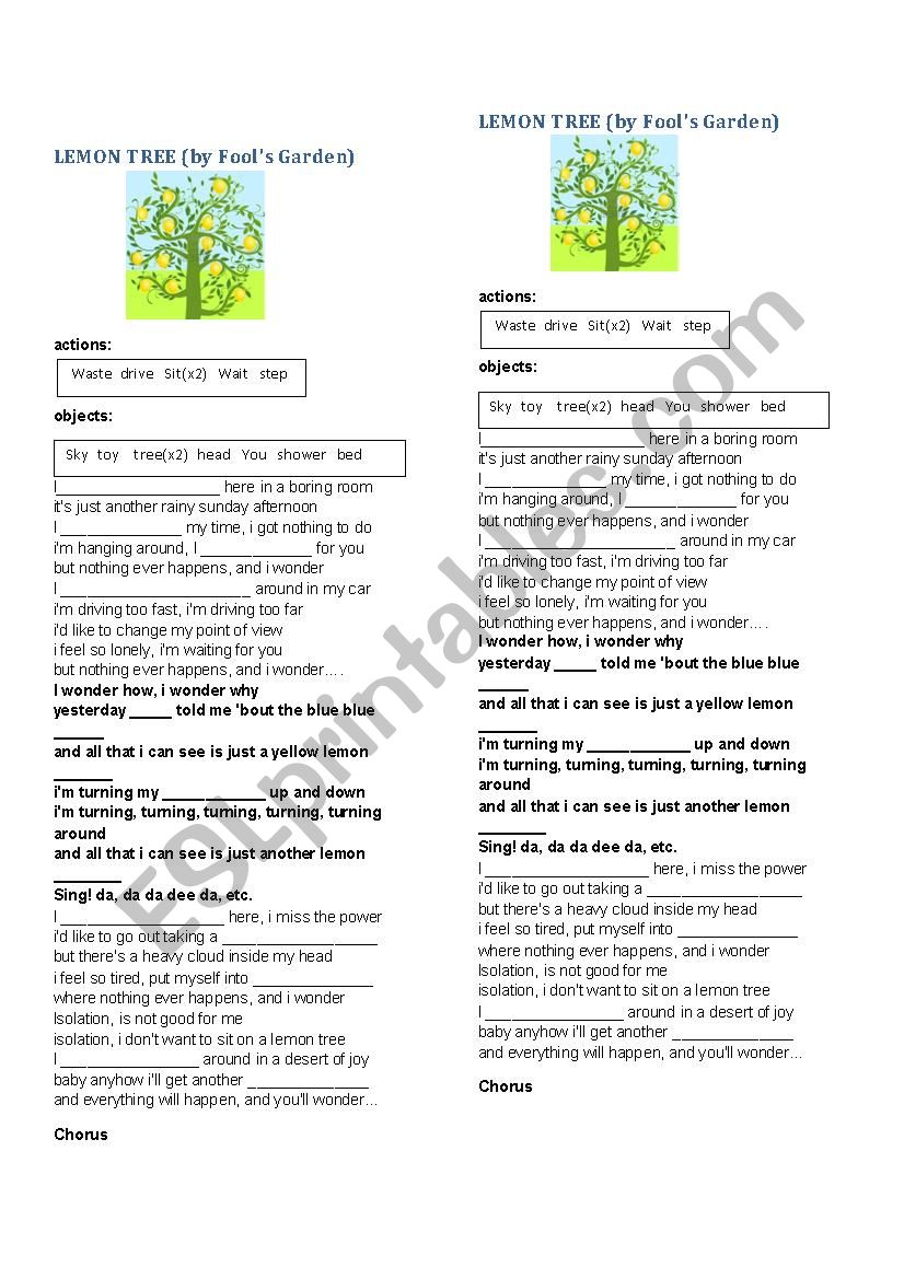 Lemon Tree by Fool Garden worksheet