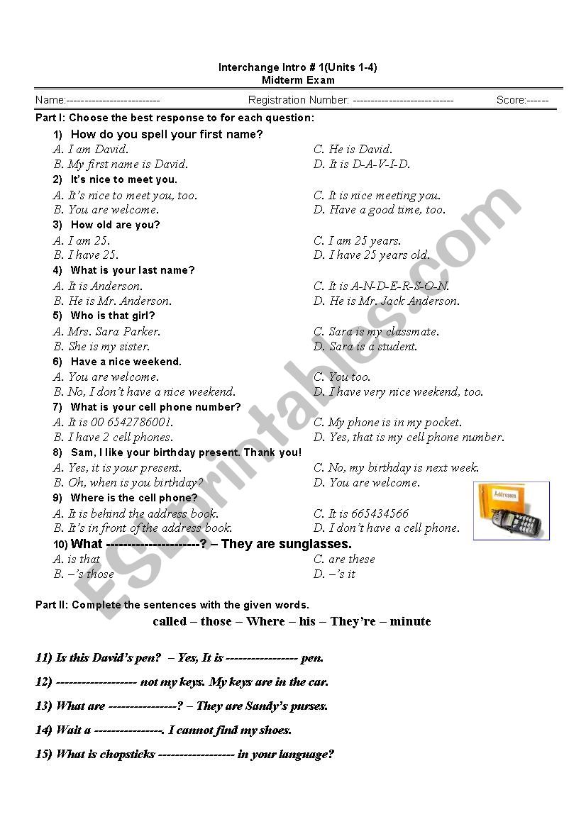 Interchange intro exam worksheet